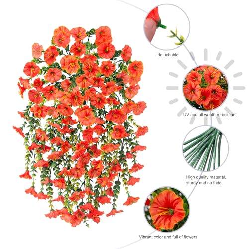 Ivydale 2 PCS Artificial Fall Hanging Flowers Fake Plants Outdoor,Silk Morning Glory Faux Flowers with Eucalyptus,UV Resistant Realistic Petunias Plants for Home Garden Decor (Orange(Leaves Green)) - color: Orange(leaves Green)