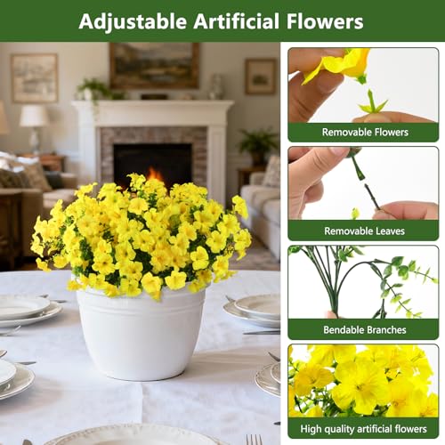 INQCMY Artificial Fake Flowers for Outdoors Decoration,12 Bundles Silk Colorful Morning Glory with Eucalyptus UV Resistant Look Real Faux Flowers for Planter Door Garden Porch Patio Balcony Yard - color: Yellow