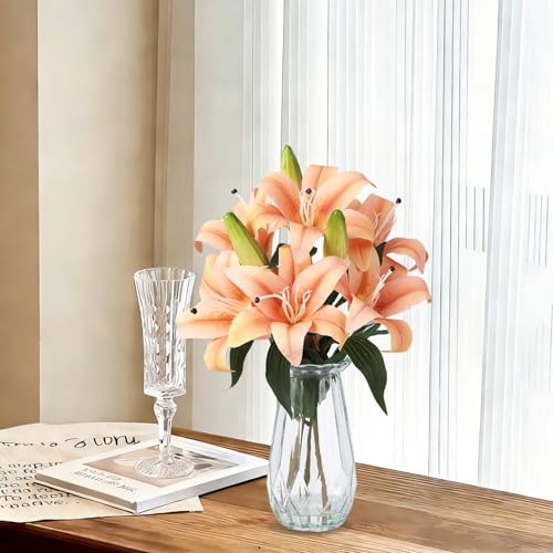 6 Pcs Artificial Lily Flowers with Glass Vase, 19.7" Faux Stargazer Lily Stems with 2 Blooms and 1 Bud Each, Faux Tiger Bouquets for Home, Hotel, Party Flower Arrangement Decor (Champagne) - color: Champagne, size: Lily