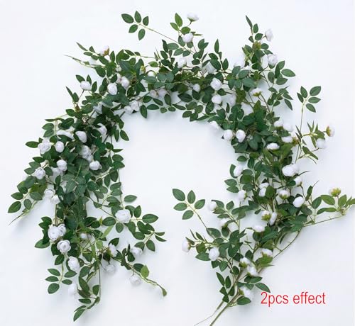 2PCS x 6FT Bendable Rose Vine Hanging Flower Garland Wildflower Floral Garland for Wall Decor Trellis Fence Home Room Decoration (White, 2pcs) - color: White, size: 2pcs