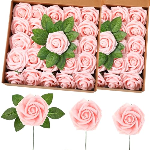 50 Pcs Artificial Foam Rose Flower Faux Bouquet Wedding Fake Rose Gift for Mother's Day Women DIY Bridal Shower Party Table Birthday Home Spring Decor (Pink) - color: Pink