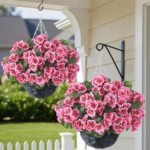 GLIDLION 2 Set Artificial Geraniums Flowers with Hanging Baskets for Outdoors - Sun Resistant Silk with Geranium Flowers, Fake Hanging Planters for Front Porch Garden Patio Home Decor (Peach Pink) - color: Peach Pink
