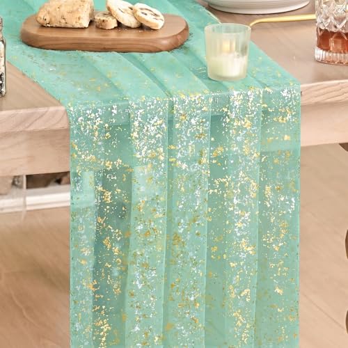 Artoid Mode Turquoise Gauze Silver Table Runner 10FT, Glitter Metallic Foil Sheer Dining Wedding Anniversary Holiday Table Decor for Home Party - color: Turquoise, size: 28" x 120"