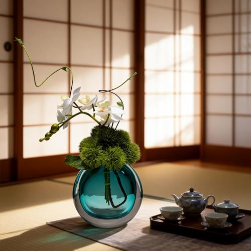 Artificial Orchids, White, in Translucent Bubble Glass Vase, Blue | Look Real, Realistic Appearance, Flower Arrangement - color: Blue