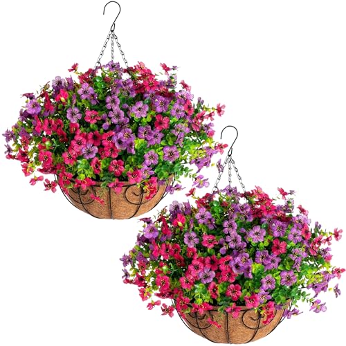 HyeFlora 2 Set Artificial Outdoor Flowers Hanging Basket, Faux Hanging Plants for Outside Spring Decoration, Fake Silk UV Resistant Look Real Daisy for Porch Patio Home Decor - color: Purple&rose Red