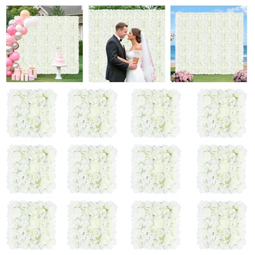 FOTSHARER Flower Wall Backdrop White Artificial Flower Wall Panel 15" x 15" Flower Panels for Backdrop 3D Floral Rose Wall Flower Photo Background Wedding Floral Back drop Wall for Wedding Party Event - color: White