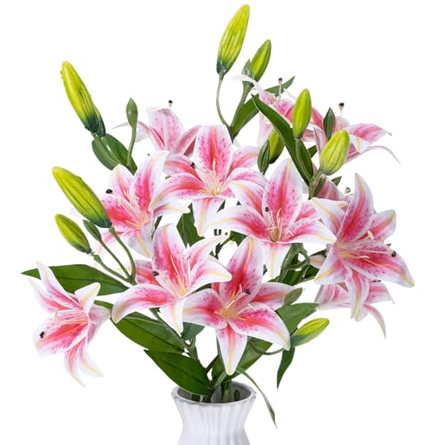 Dingion 6 Pcs 18 Heads Artificial Lily Flowers 31.5'' Mother's Day Lily Flowers Long Stem Fake Bouquet Latex Realistic 3 Big Flower Head 3 Bud for Tall Vase Home Table Wedding Decoration(Pink) - color: Pink