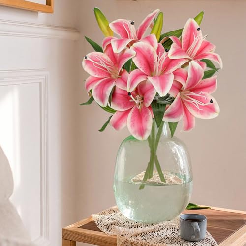 Artificial Tiger Lily Silk Flowers - 3 Pcs Faux Lily Flower 14.9" Fake Lilies Bouquets Faux Stargazer Lilies Stem with 6 Heads & 3 Buds for Indoor Outdoor Home Table Wedding Decor (Bright Pink) - color: Bright Pink