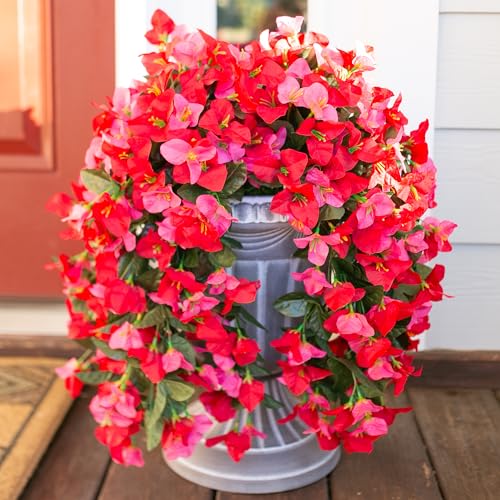 HyeFlora Bougainvillea Artificial Hanging Flowers Plants for Outdoors Decoration, 2pcs Fake Flowers Silk Bougainvillea Vines Realistic UV Resistant Faux Flowers for Outdoor Planters Porch Patio, Mix - color: Hot Pink + Red