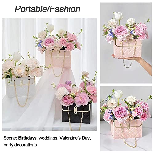 NADUSEP 4 PCS Flower Paper Gift Box, Bouquet Storage Bucket Florist Handbag with Metal Chain, Gift Craft Wrap Bag for Wedding Party Valentine's Day Birthday Mother's Day Bridal Shower Gift Wrap Bags (White Pink) - color: Pink + White