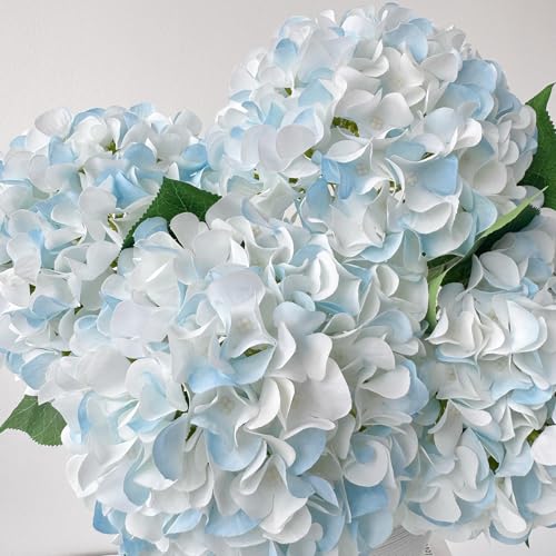ZYTUYO 5 Pcs White & Light Blue Silk Hydrangeas Artificial Flower Boho Dried Touch 20'' Faux Hydrangeas for Indoor Home Decor Kitchen Living Room Outdoor Porch Wedding Flower Arrangement - color: White & Light Blue