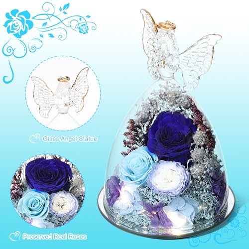Mothers Day Rose Gifts for Women Preserved Real Flower in Glass Angel Figurines Roses for Delivery Prime Birthday Gifts for Mom Grandma Girlfriend Wife Her,Blue Austin Roses - color: Blue With Austin Roses
