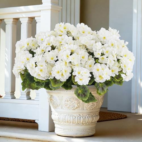 BonBloom's 6 Bundles Artificial Geranium Fake Flowers for Outdoors Decoration,UV Resistant Silk White Flower,Fake Plants for Front Door Porch Garden, Balcony Window Box Indoor Home Spring Decor - color: White, size: 6 pack