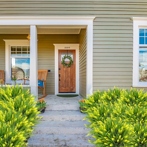 Sggvecsy 24 Bundles Artificial Plants Outdoor Faux Lavender Flowers Fake Monkey Grass UV Resistant Plastic Greenery Plants for Garden Home Porch Window Patio Hanging Planter Indoor Decor (Yellow) - color: Yellow, size: 24pcs