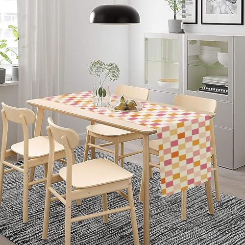 Groovy Hippie 1970s Table Runner Vintage Geometric Pink Orange Checkered Dinner Runner for Country Farmhouse Kitchen Birthday Party Holiday 36X13inch - color: Checkered-2, size: L36"x W13"