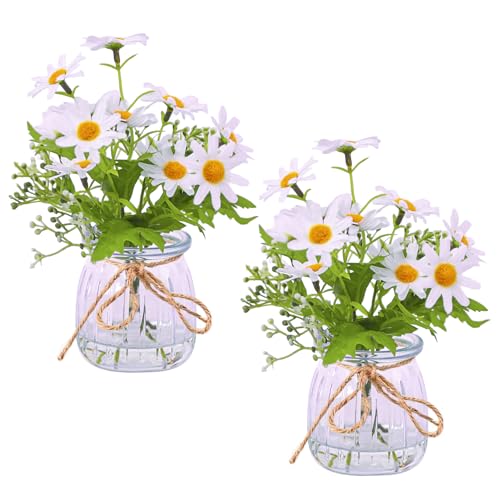 Set of 2 Artificial Daisy Flowers with Glass Vases - Realistic Fake Flowers, Flexible Silk Flower and Stems, Perfect for Home Offices, Living Room Tables, Windowsills & Wedding Decor. - color: Greenish-white