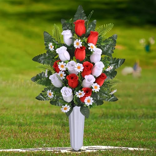 Dolicer 2 Sets Artificial Cemetery Flowers for Grave, Realistic Grave Flowers Memorial Flower UV Resistant Silk Rose Flower with Vase for Cemetery Decorations (Red, White) - color: Red, White, size: Flowers in Vase