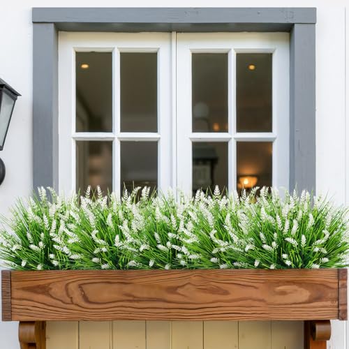 Bassion Artificial Flowers for Outdoors, 24 Bundles Fake Lavender Flowers UV Resistant White Plastic Plants Faux Monkey Grass for Home Porch Garden Window Box Indoor Outdoor Decorations - color: White, size: 24 Bundles