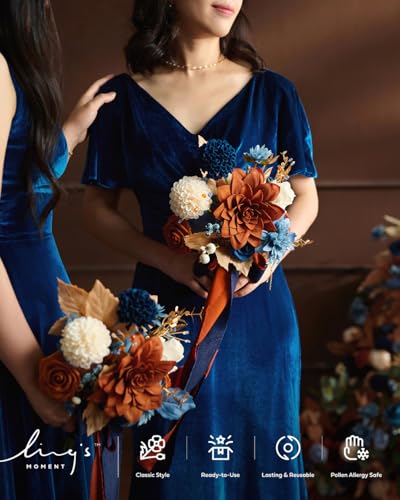 Ling's moment Burnt Orange Artificial Bridesmaid Bouquets Set of 4,Terracotta Wedding Flower Bouquets Navy Blue Floral Bouquet Bridal Bouquets with Ribbon,Ceremony,Anniversary,7-inch Diameter - color: Or-orange & Navy Blue