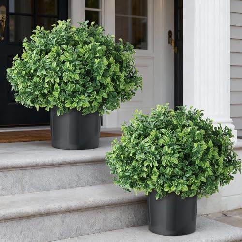 Set of 2 Artificial Boxwood Topiary Ball Trees for Front Door - Realistic Faux Aglaia Odorata Bush with Pot, Fake Eucalyptus Leaves Potted Plants for Porch Farmhouse Outdoor Decor (Green)