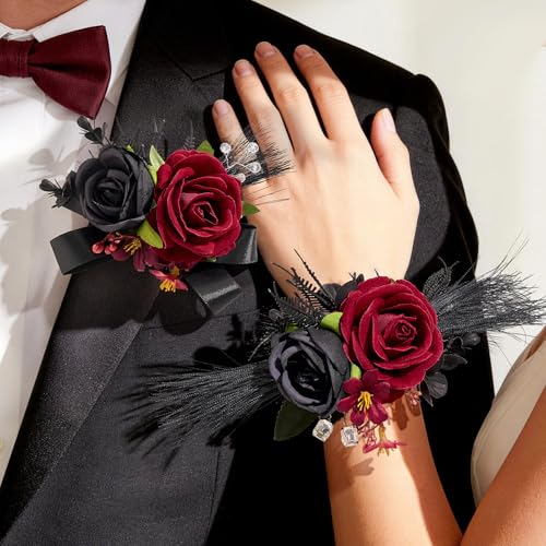 Rose Burgundy Corsage and Boutonniere Set for Wedding Prom(Set of 2),Artificial Flower Wrist Corsage Bracelets for Women Homecoming,Boutonniere for Men Suit Decorations Party Anniversary - color: Red&black, size: 1 Corsage & 1 Boutonniere
