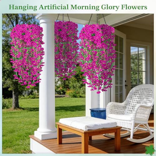 Artificial Hanging Flowers for Outdoors, 6Pcs UV Resistant Morning Glory Fake Flowers Outdoors Decorations, Realistic Silk Faux Hanging Plants Decor for Outside Planter Porch Patio (Lotus Color) - color: Lotus Color