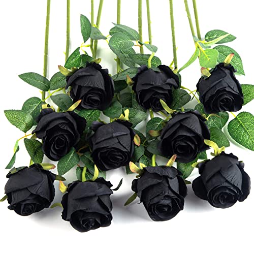 10pcs Artificial Rose Flowers Long Stem Fake Silk Roses for DIY Wedding Bouquet Table Centerpiece Home Decor (Black) - color: Black