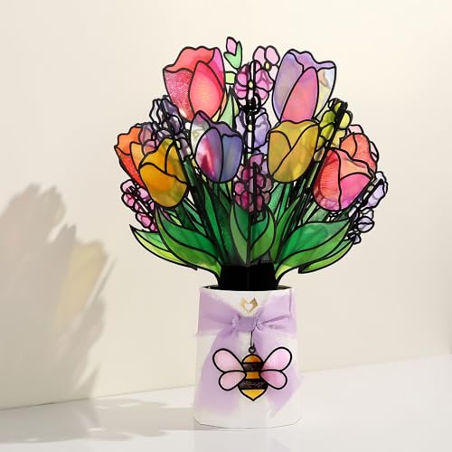 Lovepop Vibrant Tulip Suncatcher Bouquet - 3D Pop Up Paper Flower Bouquet for Mom, Her, Him, Women (Mother's Day, Birthday, Thank You, Get Well) 12 Inch - color: Vibrant Tulip Suncatcher Bouquet