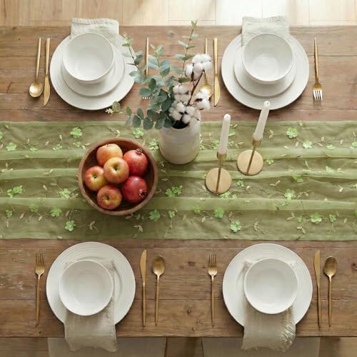 Artoid Mode 3D Flower Green Gauze Embroidery Table Runner 120 Inch 10FT, Tulle Seasonal Spring Kitchen Dining Holiday Table Decor for Home Party - color: Green