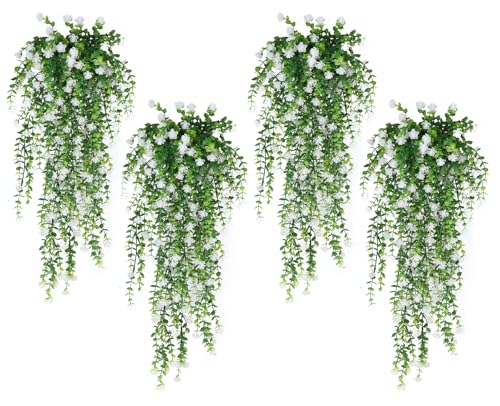 SJL 4pcs Fake Hanging Plants Realistic Artificial Outdoor Flowers Hanging Greenery Artificial Ivy Vine Leaves Faux Green Plastic Plants Greenery Flowers Green Leaf Decor for Wall Home (White) - color: White