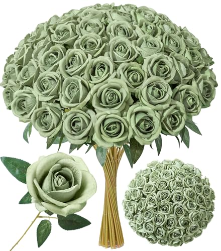 50 PCS Green Roses Artificial Flowers, Real Looking Fake Roses with Long Stems Silk Flowers for DIY Wedding Bouquet Party Celebration Home Bridal Baby Shower Decoration Birthday Gift for Her Wife - color: Eif Green
