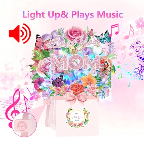 Birthday Card for MOM, LIGHTS & MUSIC Mothers Birthday Pop Up Card, Rose Lily Orchid and Butterflies, 10 Inch Life Sized Forever Flower Bouquet Mother’s Day Cards from Daughter, Son, Husband, Gifts Cards for Mom Wife Grandma - size: MOM