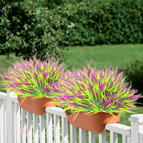 Grunyia 20 Bundles Artificial Plants Outdoor Fake Monkey Grass with Flowers (Fuchsia) - color: Fuchsia
