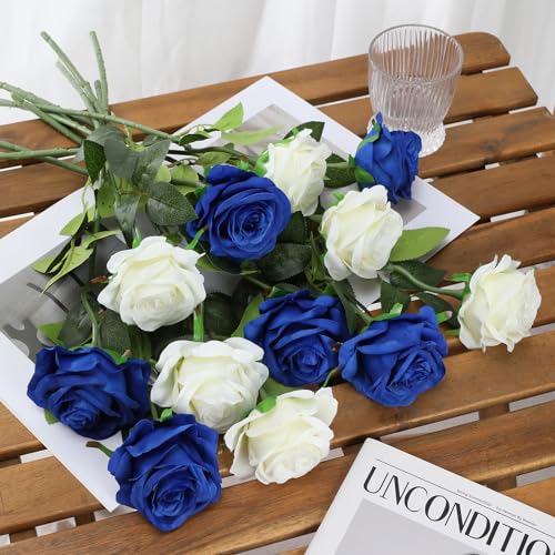 Tifuly Roses Artificial Flowers - 12 pcs Realistic Long Stem Fake Roses Mashup Style Silk Roses for DIY Bouquets Wedding Centerpieces Arrangements Home Party Decor（White & Blue） - color: White & Blue