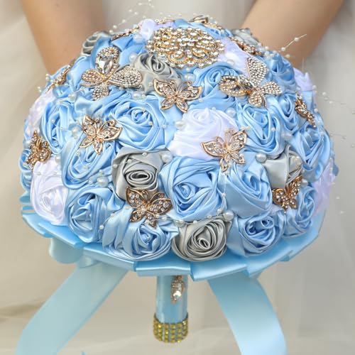 Handmade Wedding Flowers Bouquet Round Holding Bridal Bouquet Artificial Satin Roses Bunch for Bride Bridesmaid Wedding Quinceanera - color: Light Blue, Silver & White, size: Medium (Dia. 8.7"/22cm)