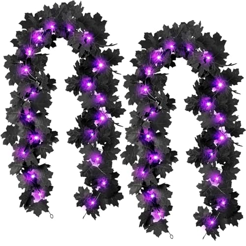 Black Leaf Garland with Purple Lights, 2 Pack Halloween Artificial Hanging Fall Leave Vines with 20 LED, Fall Floral Garlands Thanksgiving Decor for Home Wedding Party (11.8FT) - color: 2 Black With 2 Lights