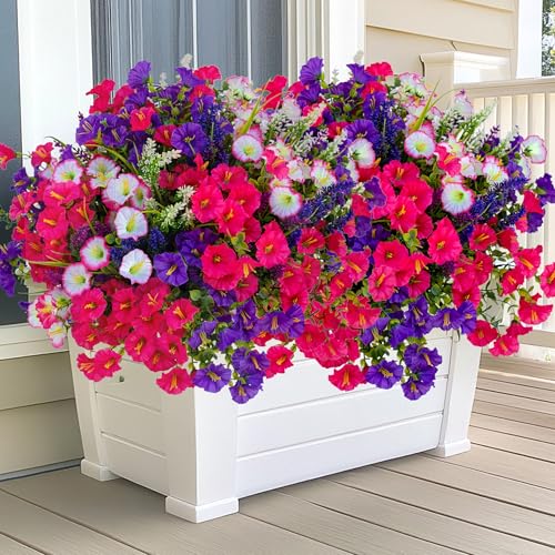 AXYLEX Artificial Flowers Outdoor Morning Glory - 16 Bundles Fake Plants UV Resistant No Fade Faux Plastic Greenery Home Garden Porch Decoration Indoor (1, Multi16-3) - color: Multi16pcs - White+red Pink+purple+lavander