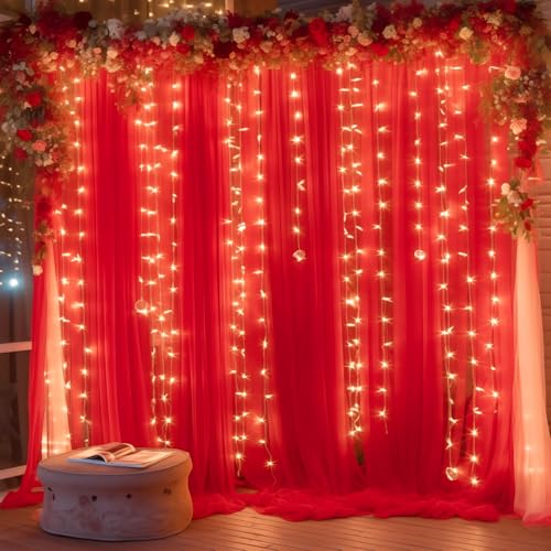 10ft x 8ft Red Backdrop Curtain with Lights String for Parties, Sheer Tulle Wedding Photo Backdrops Drapes for Baby Shower Birthday Party Decorations Background for Photography - color: Red, size: W5' x H8'(2 panels)