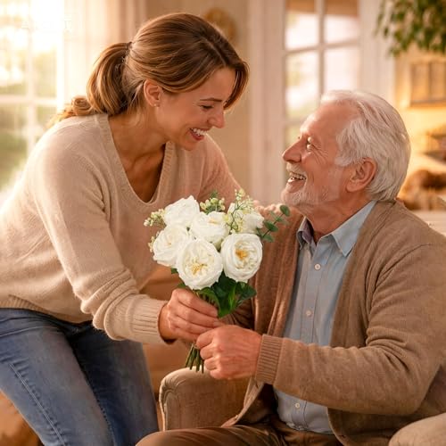 6Pcs Peonies Artificial Flowers, 17'' Real Touch Peonies Fake Flower, David Austin Roses Fake Peonies in Pot for Home Decor Wedding Balcony Bathroom Party Valentines Arrangement, White - color: White