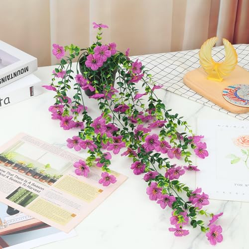 FAVOWREATH Fake Plants Hanging Artificial Potted Faux Eucalyptus Plants and Flowers for Modern Boho Farmhouse Bathroom Office Desk Wall Book Shelf Living Room Aesthetic Decor Indoor (Purple) - color: Purple