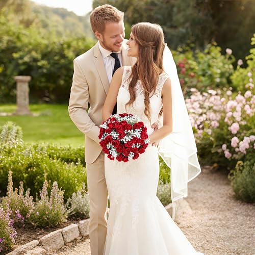 HyeFlora 35 PCS Artificial Red Roses with 15 PCS Fake Baby Breath Realistic Fake Flowers Bouquet with Long Stem for DIY Wedding Party Home Decoration Vase Tables Centerpieces Arrangements Gift for Her - color: 35 Pcs Red Roses With 15 Pcs Baby Breath