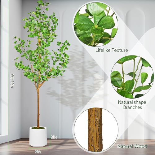 6 FT Artificial Heart Ficus Tree Indoor, Realistic Faux Plant with Dew Drops, Fake Tree with Pots for Home Office Decor