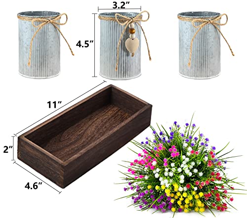 Gypsophila Baby's Breath Artificial Flowers in Rustic Metal Pots and Wood Tray, Table Centerpiece Decorations Fake Flowers for Home Décor - style: Gypsophila Baby's Breath