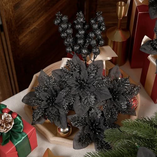 Alupssuc 24 Pieces Christmas Tree Decorations, 12 PCS Black Poinsettia Flowers Artificial and 12 PCS Glitter Christmas Tree Picks for Christmas Decorations Party Wreath Fireplace Stairs, Black - color: Black