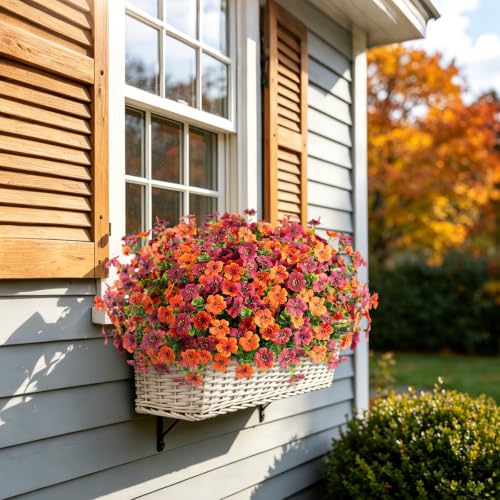 Fall Mums Artificial Flowers for Outdoors Potted, 12 Bundles Fake Fall Daisy Flower with Realistic Eucalyptus Leaves, Fake Plants for Greenery Boxwood Porch Patio Garden Pot Courtyard(Orange Brown) - color: Z-orange Brown