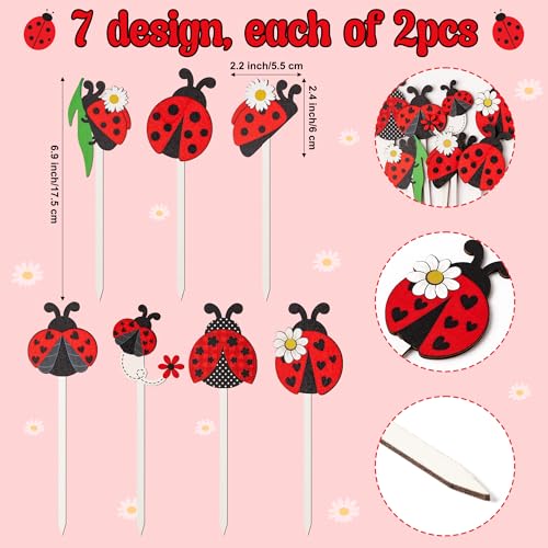 TICIAGA Summer Ladybug Wooden Picks - 14PCS Cute Ladybug Insect Double-Sided Wooden Decorative Picks for Home Vase Filler, Farmhouse Garden Theme Floral Pick for Summer Party Spring Holiday Supplies - color: Ladybug