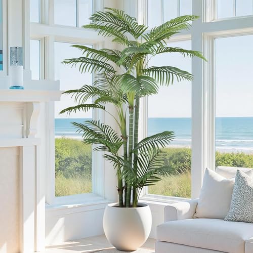 Roselywed Artificial Areca Palm Tree 7FT with 29 Leaves Realistic Tall Large Fake Faux Tropical Silk Plant 84 Inch Black Pot for Indoor Home Office Porch Mall School Decor Housewarming Gift - size: 7ft
