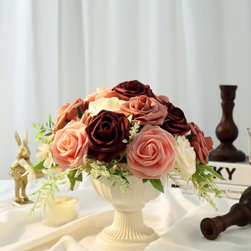 SITUMEIZI Artificial Flowers Fake Rose Foam Burgundy Roses with Stems Wine Red Rose for DIY Wedding Flowers Bridal Shower Table Centerpieces Party Decor Christmas Tree 25Pcs - color: Wine-white