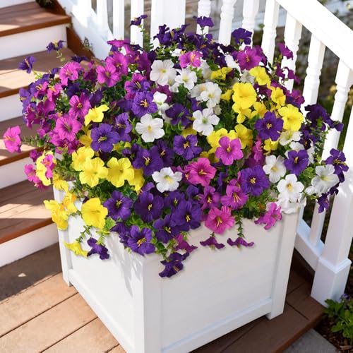 INQCMY Artificial Fake Flowers for Outdoors Decoration,12 Bundles Silk Colorful Morning Glory with Eucalyptus UV Resistant Look Real Faux Flowers for Planter Door Garden Porch Patio Balcony Yard - color: 1 Mixed Color(2 Double Purple,2 Deep Orchid,2 Yello