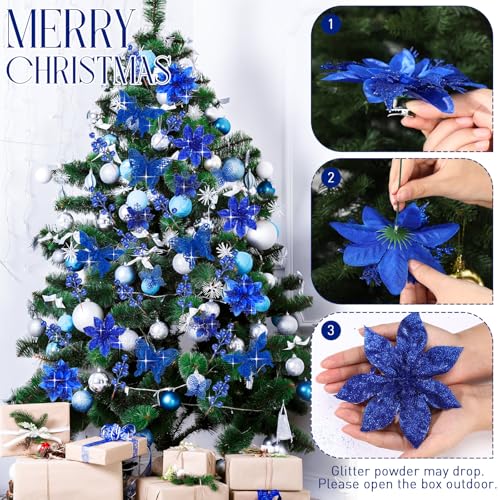 Thiccywoov 122 Pcs Christmas Glitter Poinsettia Artificial Flowers Berry Picks Butterfly Christmas Tree Ornaments 3 Styles Poinsettia kit with Clip for Xmas Wreath Home Tree Decor(Royal Blue) - color: Royal Blue
